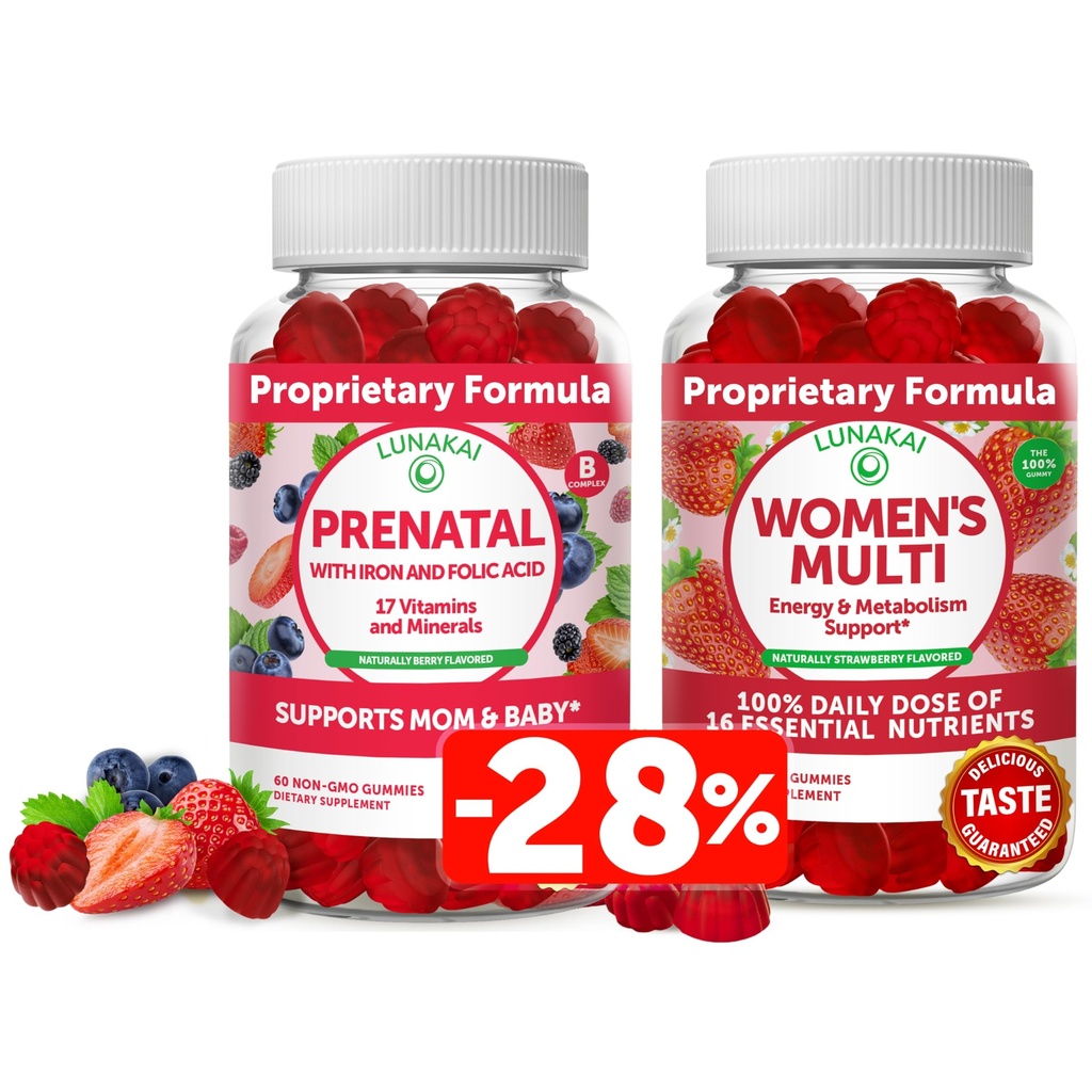 Lunakai Prenatal Vitamin and Women's Multivitamin Gummies 번들 - 임신 Multivitamin Gummy with Iron & Folic Acid - 100 % 일일 값 16 필수 비타민 및 미네랄 - 30 일 공급