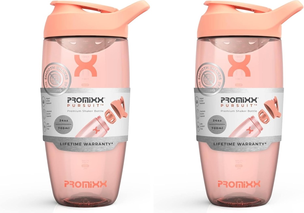 Promixx PURSUIT Protein Shaker Bottle – 단백질 믹스 및 보충 쉐이크에 대한 프리미엄 스포츠 블렌더 병 – 쉬운 청소, 튼튼한 단백질 쉐이커 컵 (팩 2)