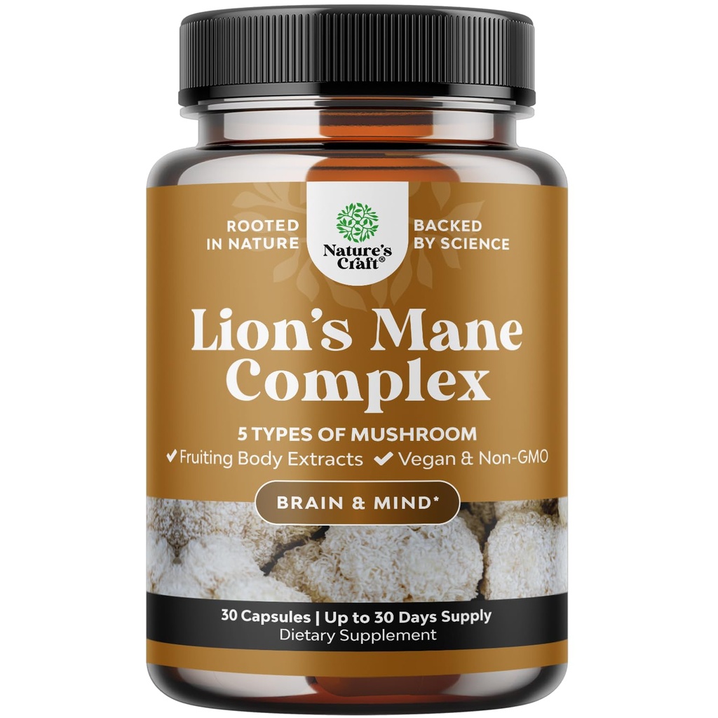 고급 사자 Mane 버섯 보충 - 사자 Mane 보충 캡슐 Reishi, Chaga, Maitake & Brain Health Memory Support & Focus - Nootropic for Mental Clarity - 30 Caps