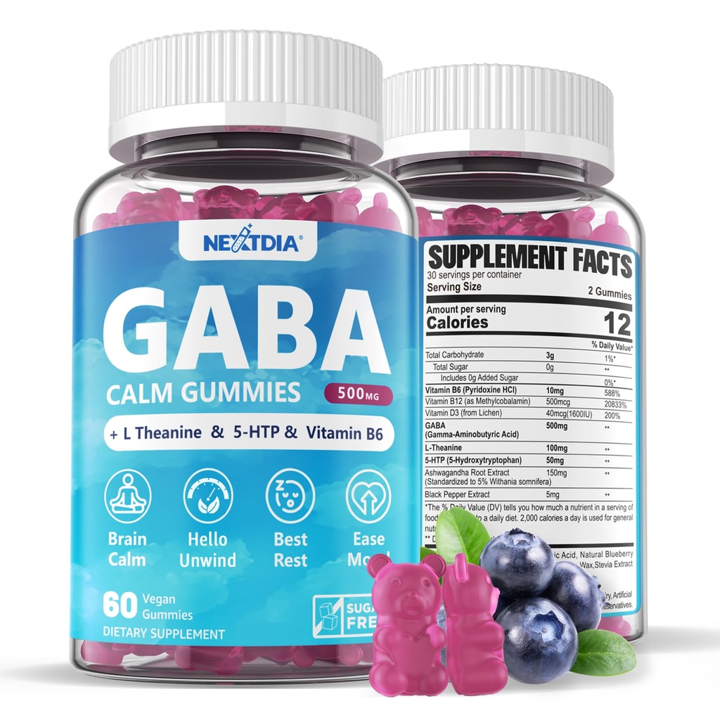 GABA Gummies 500 mg - L Theanine, 5-HTP, 비타민 D3, B12, Ashwagandha, Melatonin-Free for Brain Calm, Mood, Zzz Better, GABA 보충 성인, 블루 베리 맛, 1Pack
