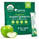 Zena 영양 유기 슈퍼 그린 분말, 70 + Superfoods, 0 설탕, 3G 섬유, Spirulina, Chlorella, 산화 방지제, Prebiotics/Probiotics, 소화 효소, 녹색 애플, 30 음료 혼합 패킷