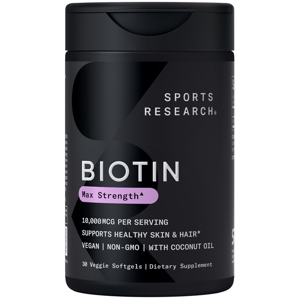 Sports Research® Biotin 10,000mcg with Organic Coconut Oil - Biotin (Vitamin B7) for Healthy Skin and Hair Support* - 여성 및 남성용 - Vegan, Non-GMO, 글루텐 & Soy-Free - 30 Veggie Softgel
