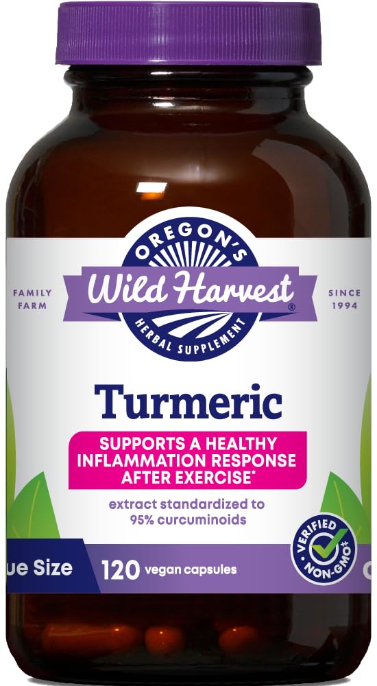 Oregon의 Wild Harvest Turmeric 120 Vegan 캡슐 | 더 나은 흡수를위한 Black Pepper가있는 유기 Turmeric Curcuminoids | 건강한 염증 응답 및 관절 건강 지원 | 비 GMO