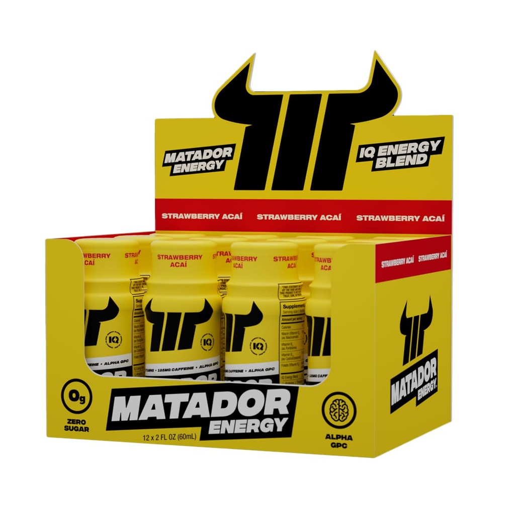 MATADOR 에너지 탄 여분 힘 소형 에너지 음료 w/B 복잡한 비타민 (비타민 B12-B9-B6-B3), 알파 GPC Nootropic IQ 에너지, 커피 콩 추출물 카페인 탄, 24 에너지 음료 딸기 Acai