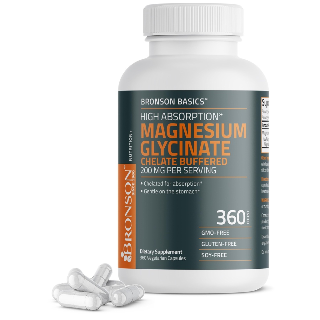 Bronson 마그네슘 Glycinate 200mg 높은 흡수 Chelated는 Stomach 비 GMO, 360 채식 캡슐에 넣었습니다