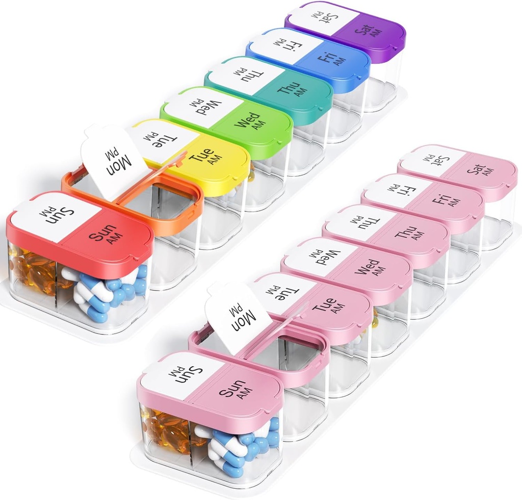 Odaro Extra Large Weekly Pill 주최자, XL Pill Box 7 Day AM, Jumbo Medicine 주최자 2 Times A Day to Hold Daily Medicine, 비타민 및 보충제, 레인보우 및 핑크 / 화이트 (2 세트)