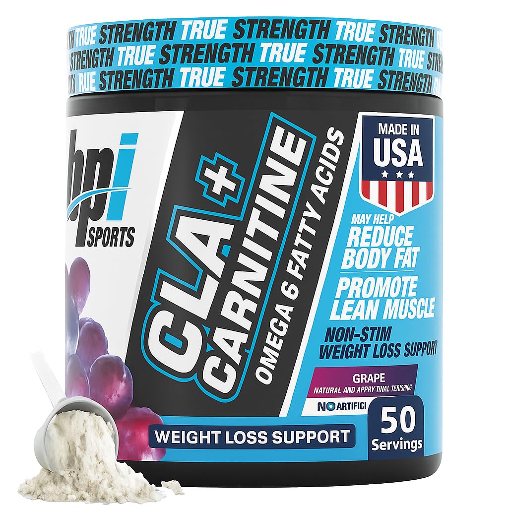 BPI 스포츠 CLA + 카르니틴 - CLA L 카르니틴 & Linoleic 산 - 체중 감량, Metabolism & Lean 근육을위한 L 카르니틴 보충 - 카페인 무료 - 포도 - 50 서빙 - 12.34 온스