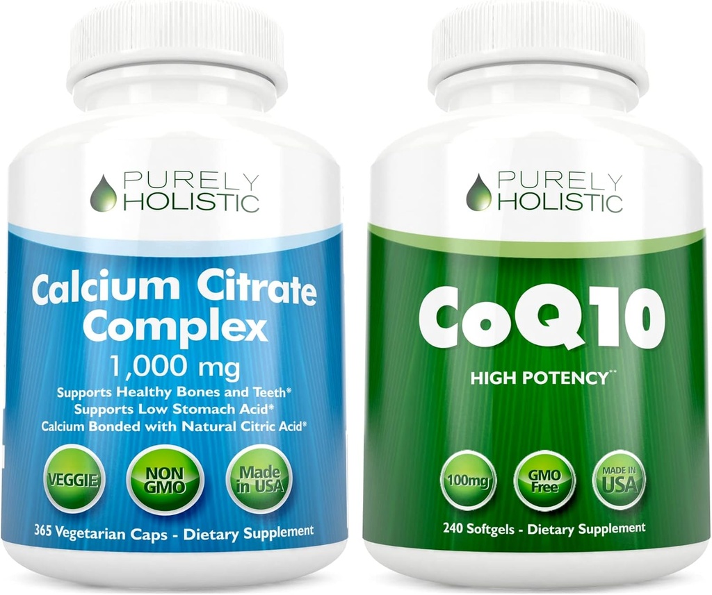 칼슘 구연산염 복잡한 1000mg + CoQ10 100mg - 365 Vegan 캡슐 + 240 Softgels 뭉치 - 비타민 D 없이 - 미국에서 만드는
