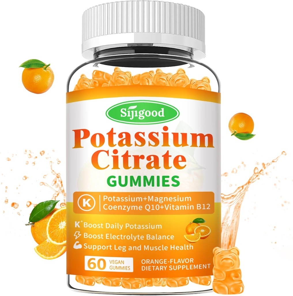 칼륨 구연산염 Gummies – 근육 건강을 위한 높은 힘 칼륨 보충교재, 다리 주름 기복, Electrolyte 균형 – Vegan, 비 GMO, 글루텐 자유로운, 주황색 풍미, 60 조사