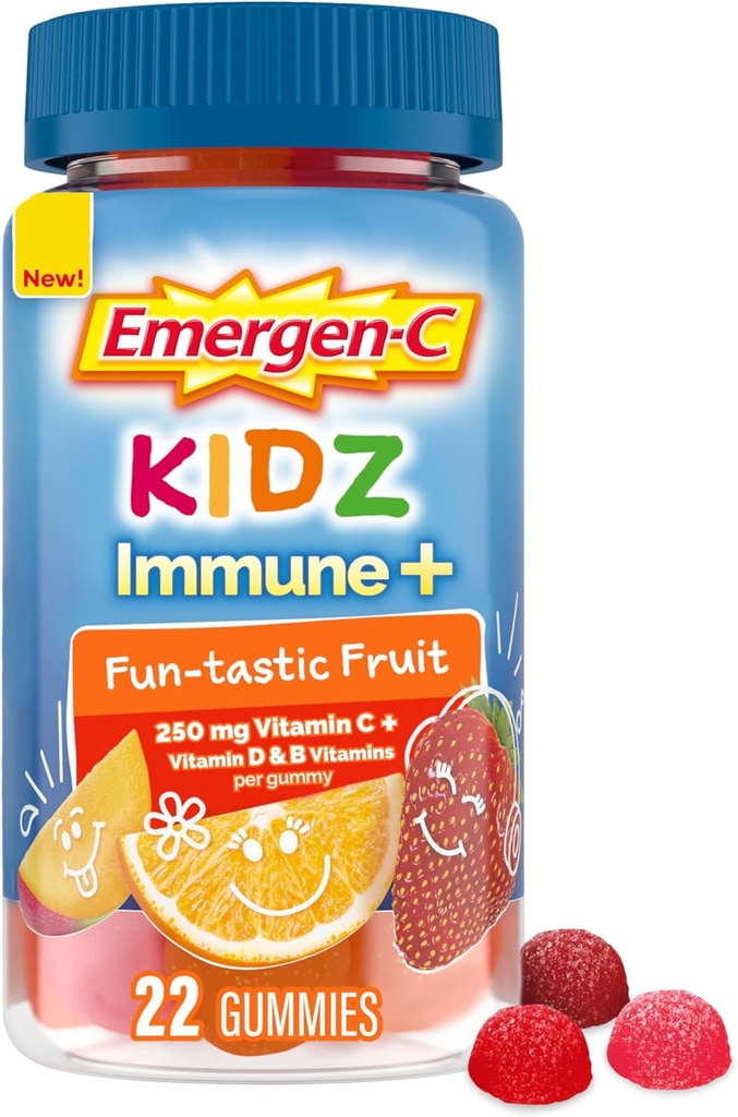Emergen-C Kidz Immune+ 면역 지원 규정식 보충교재, 비타민 C, B 비타민 및 비타민 D를 가진 맛있은 Gummies Immune 지원, Fun-Tastic 과일 맛을 내는 Gummies - 22 조사