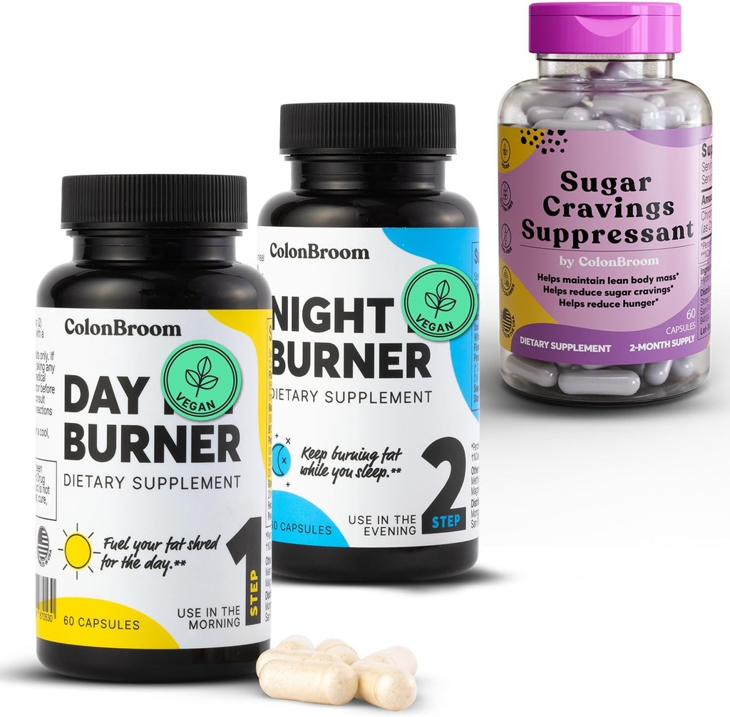 ColonBroom Day & Night 버너 보충제, 체중 관리 알약 (60 인분) + 설탕 크레이빙 억제제 - 크롬 Picolinate 200mcg (60 인분), 3 항목