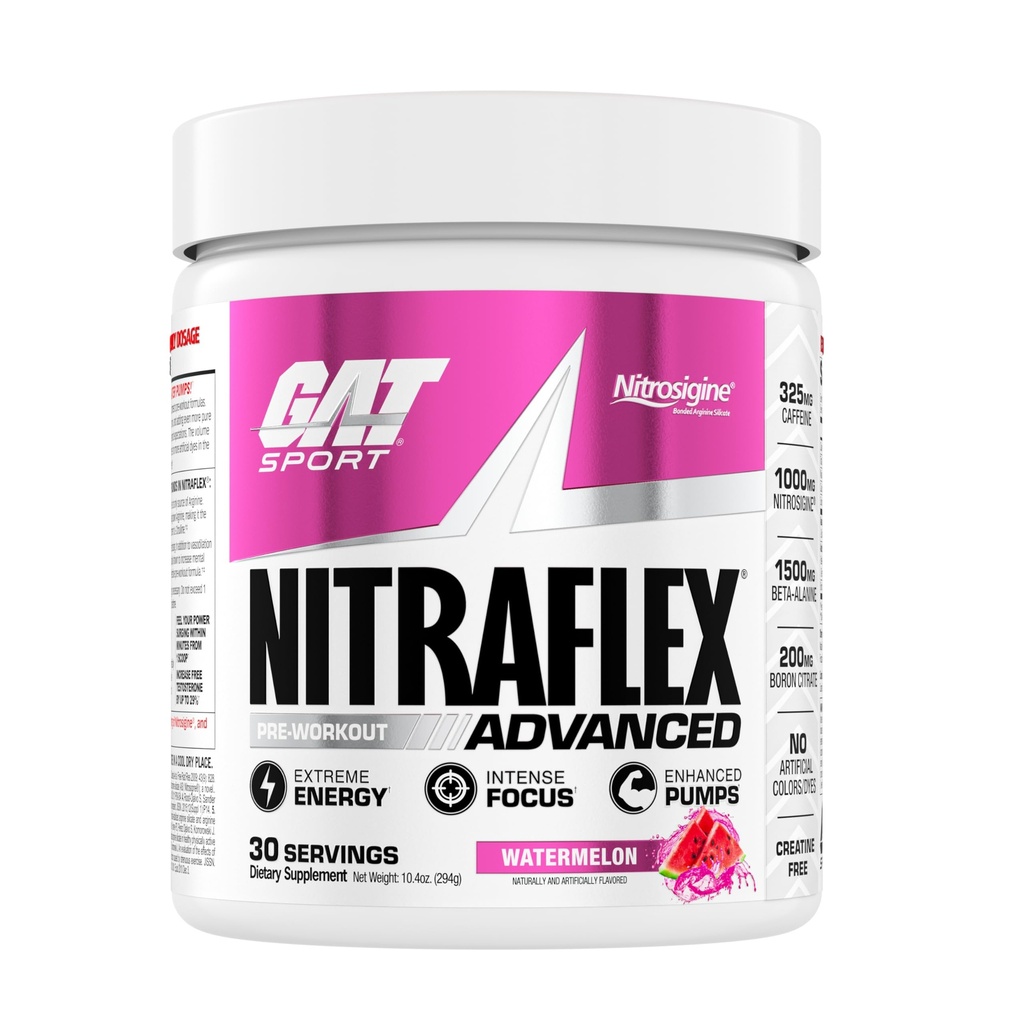 GAT SPORT Nitraflex 고급 사전 운동 분말, 혈액 흐름 증가, 부스트 힘과 에너지, 운동 성능 향상, Creatine-Free (수박, 30 서빙)