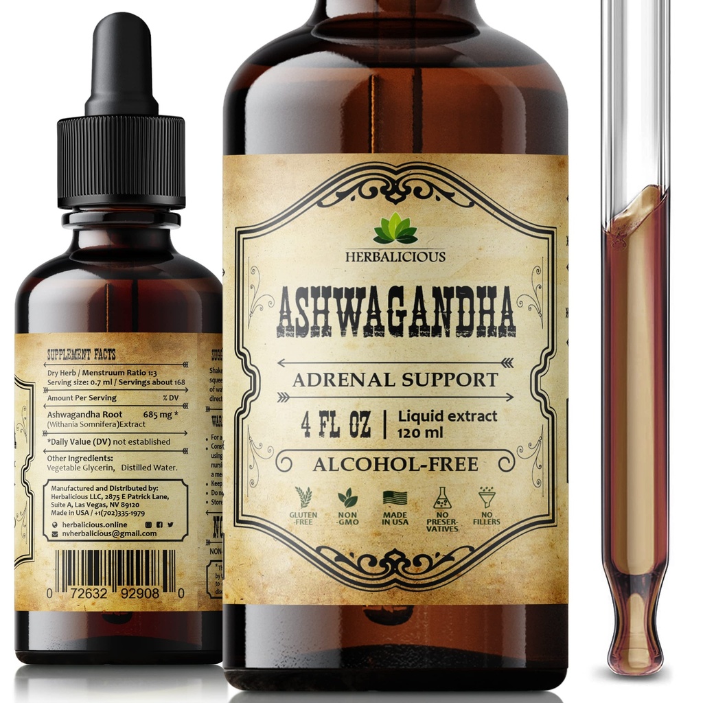 Ashwagandha 보충제 - 유기 안도니아 Somnifera 뿌리 추출물 액체 드롭 - 자연 스트레스 완화, 무드 부스터, 수면 보조 및 캘리밍 지원 - Non-GMO, Vegan 공식 - 4 fl oz