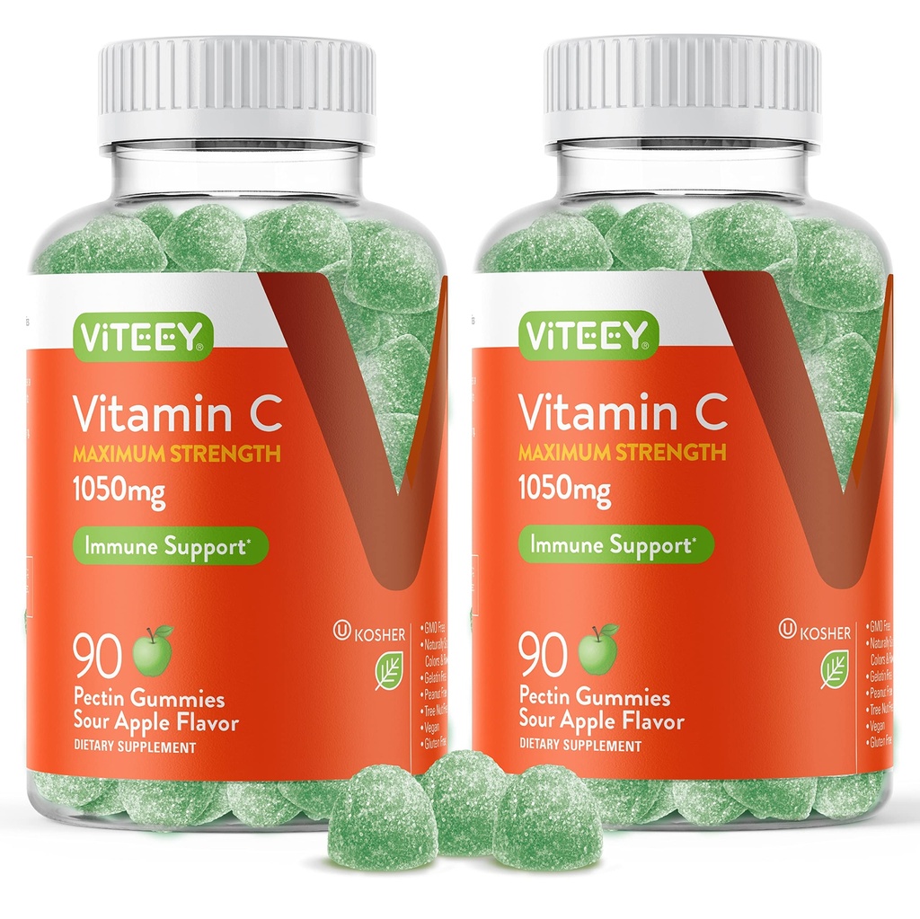 성인을 위한 Viteey Chewable 비타민 C Gummies - 1050mg 최대 힘 Immune 지원 보충교재 - Vegan, 글루텐 자유로운 - 180 조사