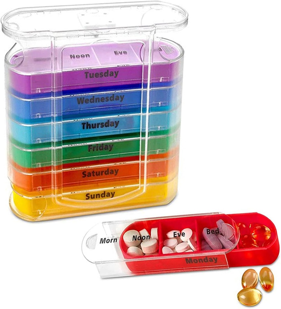 ABSOK Weekly Stackable Pill 주최자,4 Times A Day Pill 주최자 Box Morning, Noon, Evening 및 Bedtime,7 Stackable Compartments