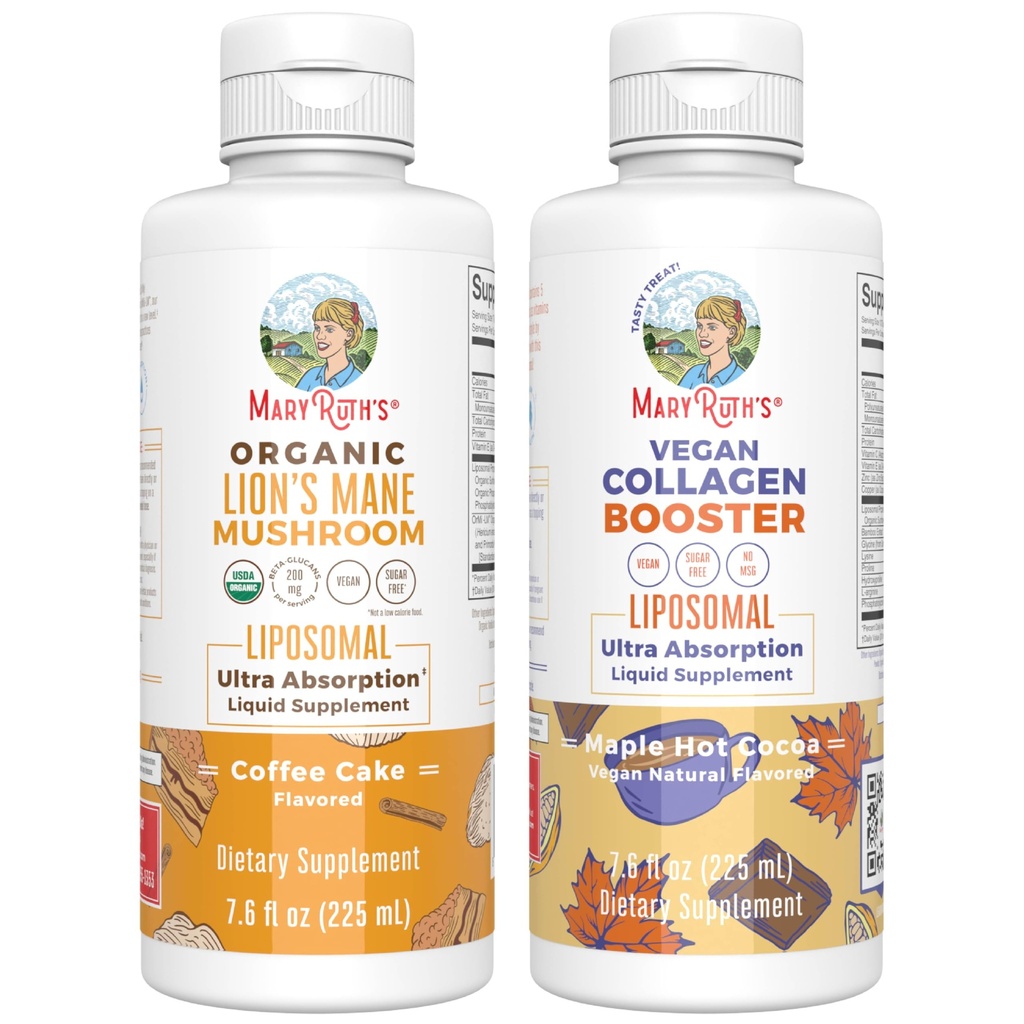 MaryRuth Organics Lion's Mane Liposomal (Coffee Cake) & Collagen Booster Liposomal (Maple Hot Cocoa) Cognitive Support, Beauty & Joint Health, Vegan, Non-GMO를 위한 Clean Label Project Verified® 비타민