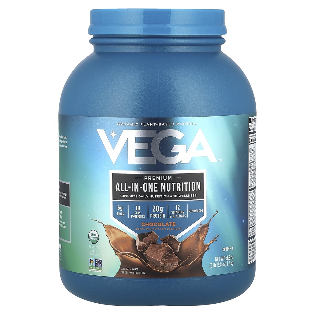 Vega 한 가지 영양 유기 - 20g 식물 기반 완두 단백질, 초콜릿, 42 서빙, 비타민 A & C, 프로 바이오 틱스, 녹색, 채식, 케토, 글루텐 무료, 61.8oz (포장 월병)
