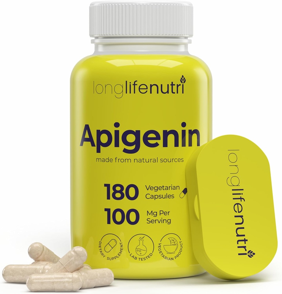 LongLifeNutri Apigenin 100mg - Chamomile Extract, 180 Vegetarian Capsules, 수면, 계류 및 Relaxation, 6 개월 공급, GMP 인증, 미국에서 만든