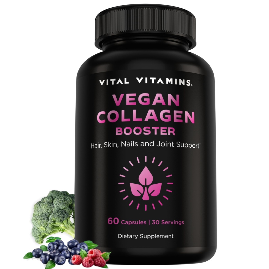 Vital Vitamins Vegan Collagen Booster - 실리카 및 히알루 론산 - 식물 기반 콜라겐 보충제 - 모발, 피부, 손톱 및 관절 지원 - 60 캡슐