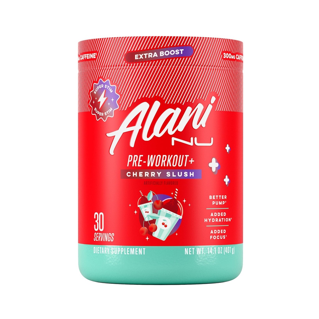 Alani Nu Pre Workout+ Powder Cherry Slush, Extra Boost, Sugar Free, 300mg Caffeine, L-Theanine, Beta-Alanine, Citrulline, 30 서빙