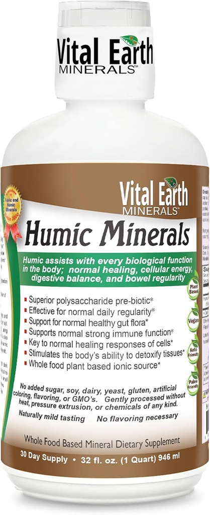 Vital Earth Minerals Humic Minerals - 70 + Trace Minerals와 Fulvic Acid Supplement, 복구 및 균형을위한 전해질, 32 Oz + 1 Oz Cup