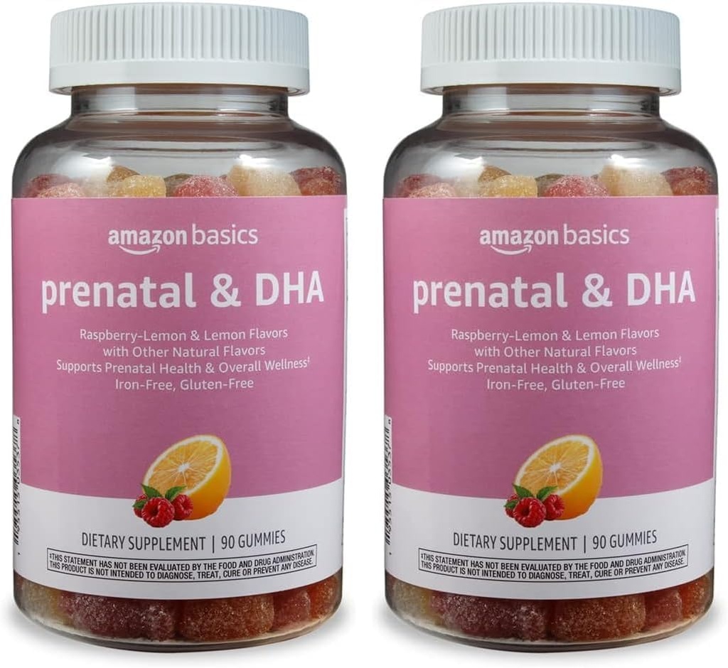 Basics Prenatal & DHA Gummy, Rasberry & 레몬 맛, 90 개 (이전 Solimo) (팩 2)