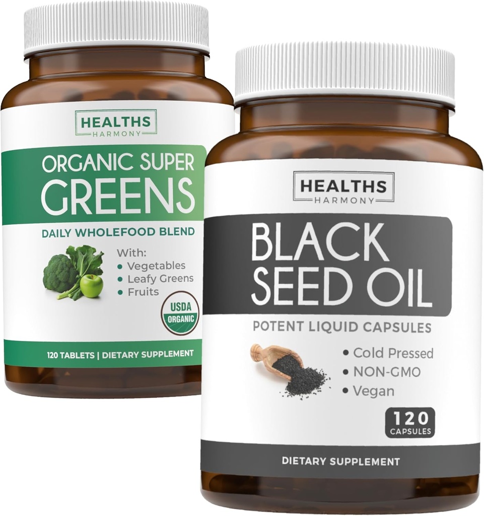 Super Greens & Black Seed (2 개월 공급) Greens Oil Synergy 번들 유기농 슈퍼 그린 파우더 - Complete Superfood (120 캡슐) & Black Seed Oil - Cold-Pressed Nigeilla Sativa (120 모자)