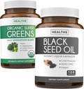 Super Greens & Black Seed (2 개월 공급) Greens Oil Synergy 번들 유기농 슈퍼 그린 파우더 - Complete Superfood (120 캡슐) & Black Seed Oil - Cold-Pressed Nigeilla Sativa (120 모자)