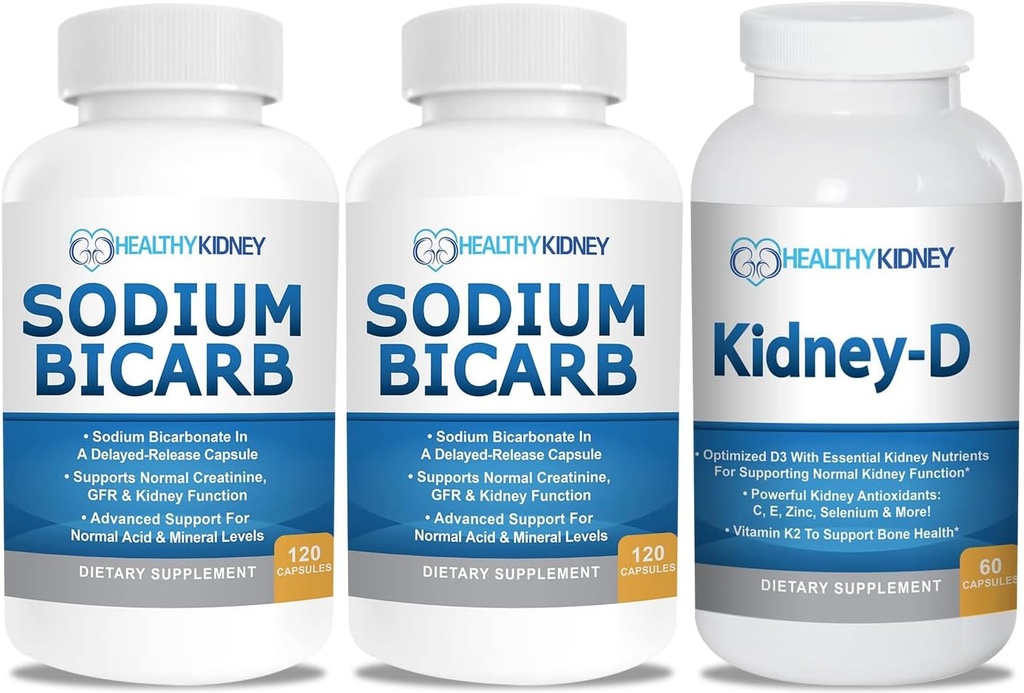 산성 기복을 위한 나트륨 중탄산염 650mg 캡슐, 알칼리성 120 알약 2-Pack + Kidney-D Kidney 보충교재. 비타민 D Kidney Support에 최적화.