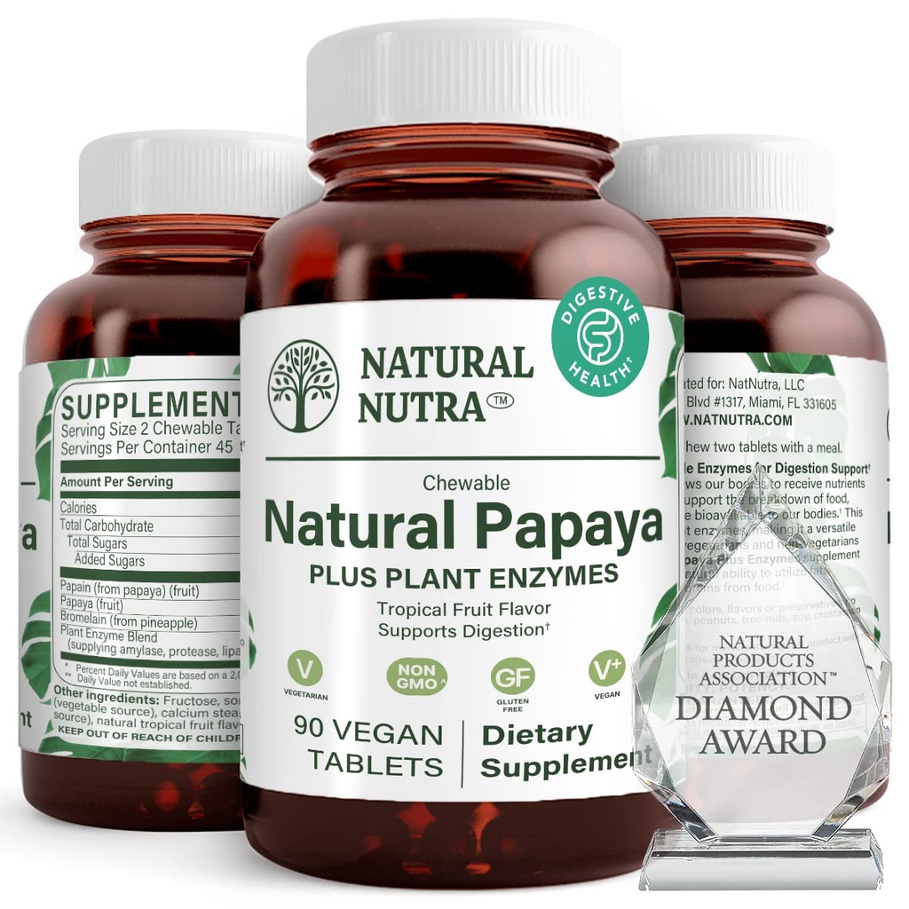 Digestion과 Body Cleanse의 Natural Nutra Papaya Chewable Enzymes - 소화 건강, Ease Gastrojangal Discomfort 지원 - 영양 흡수 및 Bloating 감소 - 90 Vegan 정제