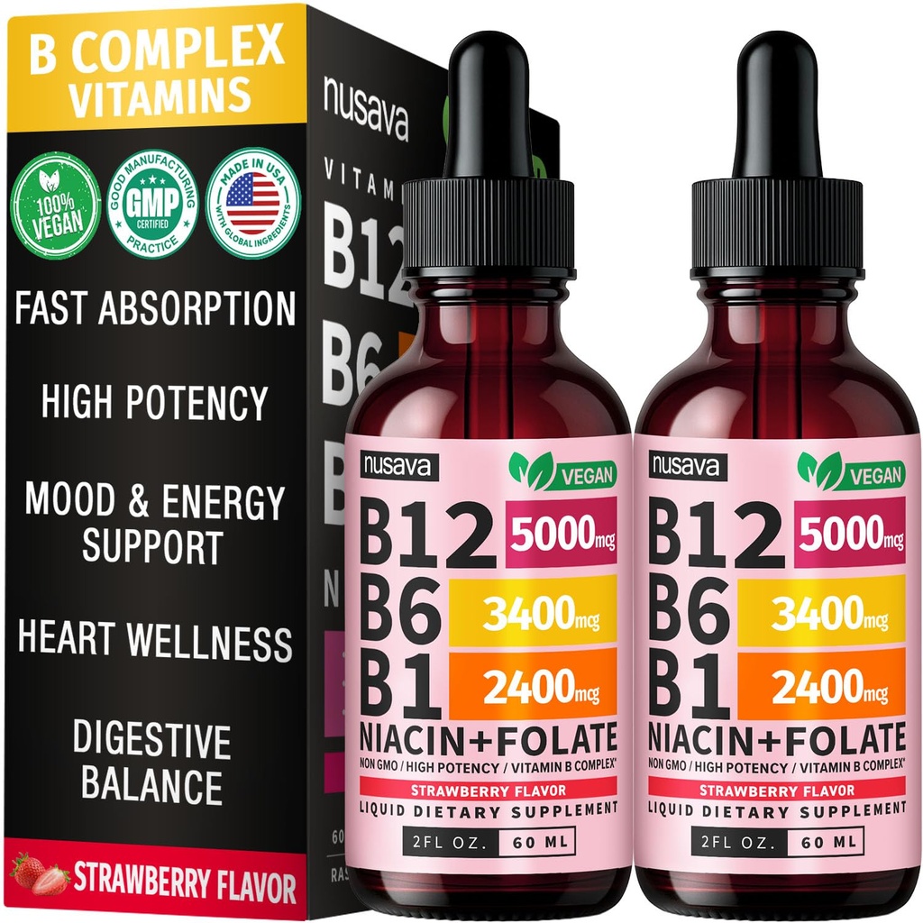 (2 팩) 비타민 B12와 B6 액체 낙하물, B12 하위 언어 비타민 B 복합체 - B 12 비타민 5000mcg - 에너지, 뇌 및 27,200 mcg, 딸기, 80 서빙과 심장 지원을위한 B12 메틸 코발아민