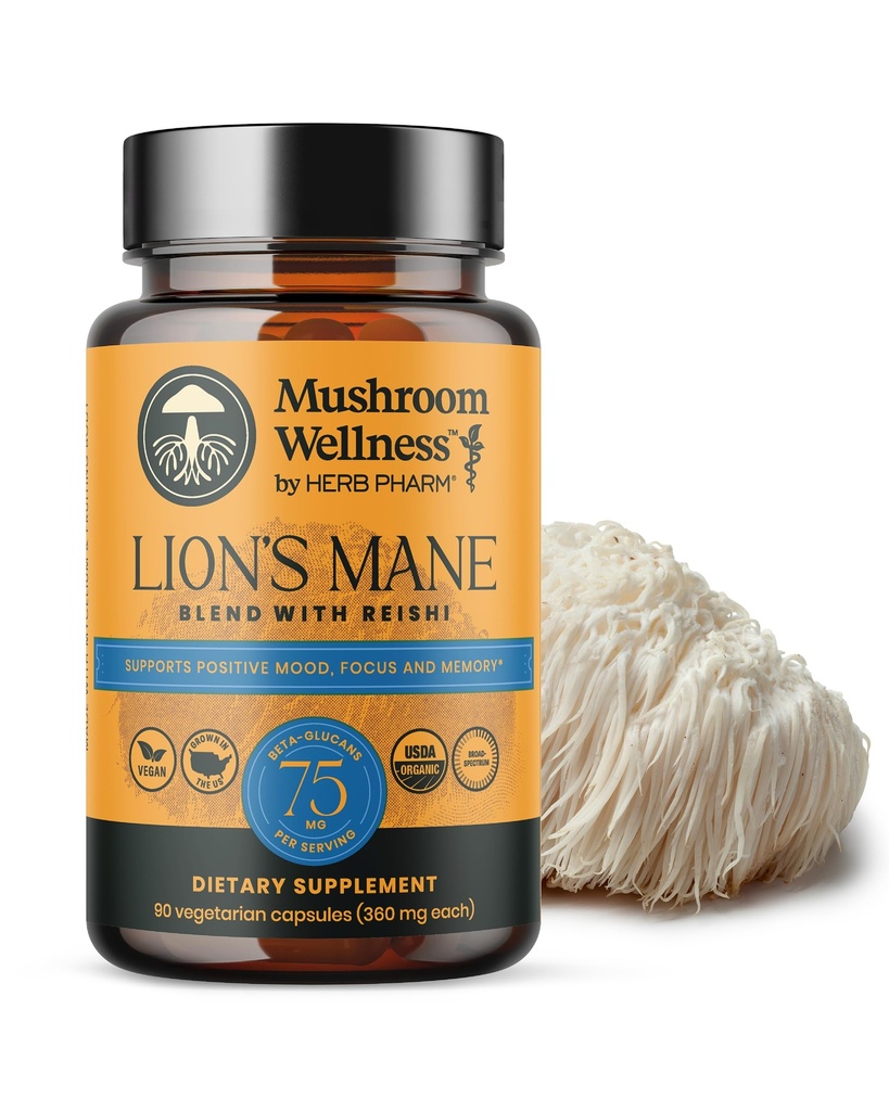 Mushroom Wellness Lion의 Mane Blend with Reishi: Organic Lion's Mane & Reishi Mushroom Capsules, Mushroom Powder Supplement, Cognitive Health, Memory, Mental Focus, 90 Vegan 캡슐 지원