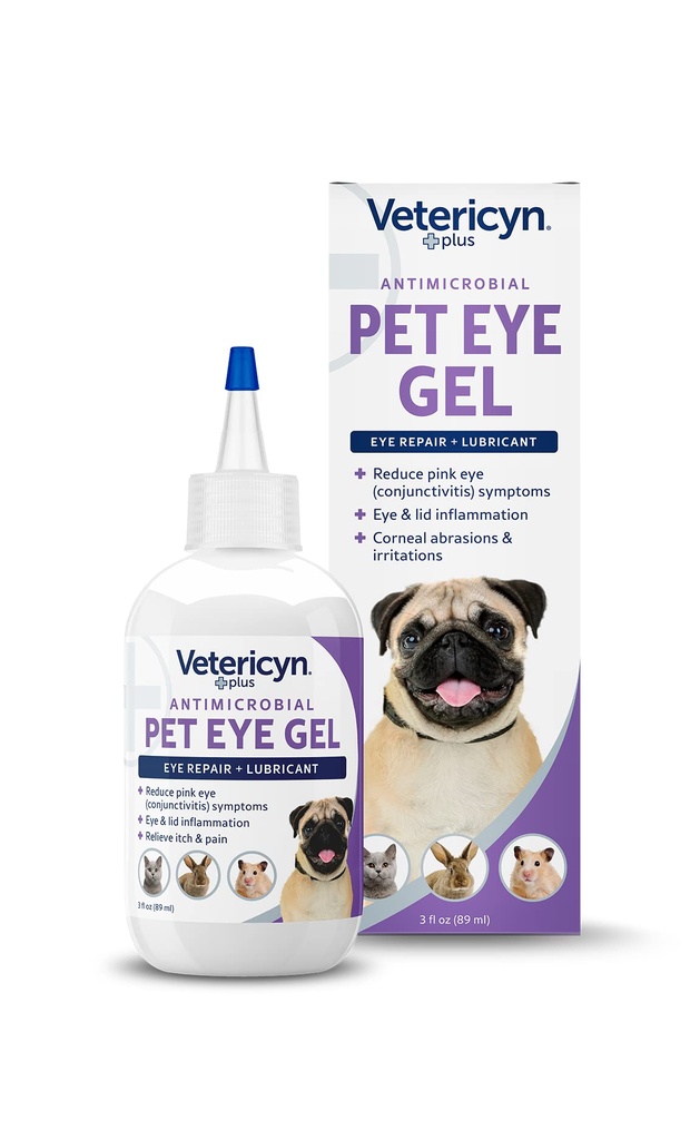 Vetericyn Plus Pet Eye Gel | Dog and Cat Eye Ointment Alternative to 윤활 및 Relieve Eye Irritations 및 Abrasions, 개와 고양이의 분홍색 눈의 증상을 감소시킵니다. 3 온스