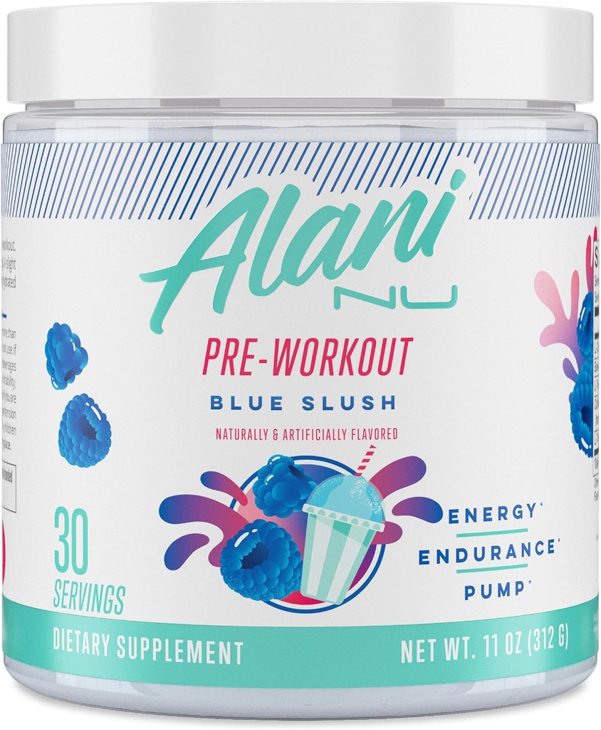 Alani Nu Pre 운동 분말 블루 슬러시, 아미노산 에너지 부스트, 내구시간 보충, 설탕 무료, 200mg 카페인, L-Theanine, 베타 알라닌, L-Citrulline, 30 서빙