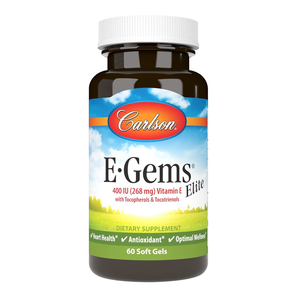 Carlson - E-Gems 엘리트, Tocopherols & Tocotrienols, 심장 건강 & Optimal 웰니스, 산화 방지제, 60 연약한 젤을 가진 400 IU 비타민 E