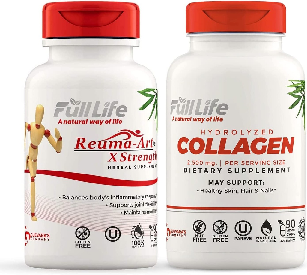 Full Life Reuma-Art X 힘과 Hydrolyzed Collagen - 공동 지원 보충교재 - Bovine Collagen 알약 - Kosher, Gluten-Free - 90 Veggie 캡슐 각각