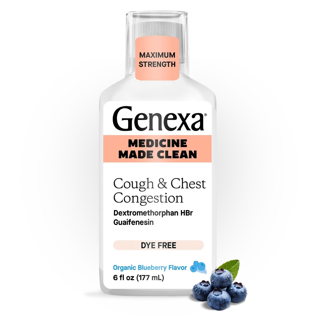 Genexa Clean Cough & Chest Congestion Relief, 염료 무료, 0% 인공 첨가제, 멀티 - Symptom 최대 강도 릴리프 시럽, Cough Suppressant & Expectorant, 유기 블루 베리 맛, 6 fl oz