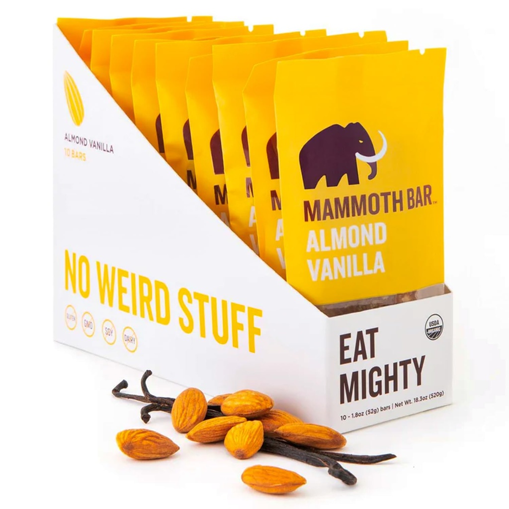 Mammoth Bar Almond Vanilla Bar - 10 유기농 단백질 바 - Prebiotic • Paleo • 글루텐 무료 • 계란 단백질 • GMO 무료 • Raw • Premium Nuts