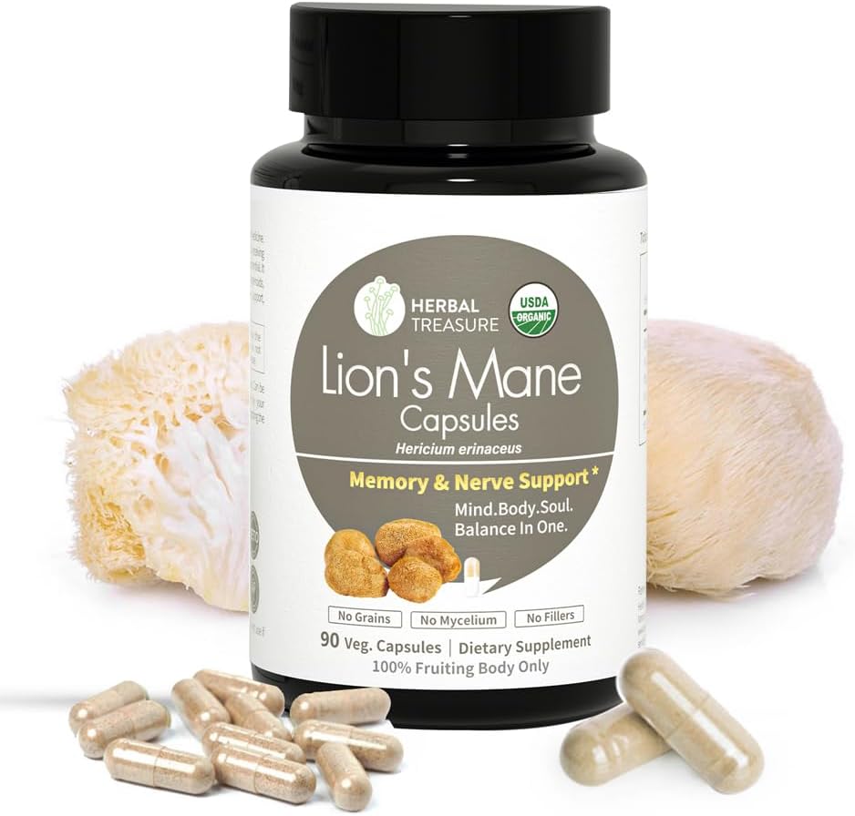 초본 보물 사자 Mane 보충교재 캡슐, Mental Clarity와 초점 보충교재, 800mg 사자 Mane 분말 유기 유기 버섯 보충교재 90 모자를 위한 유기 사자 Mane 분말로 만드는