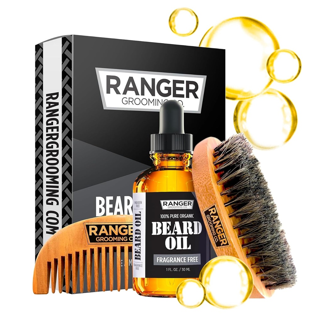 Leven Rose의 Ranger Grooming Company에 의해 Beard 장비, 100% 유기 자연적인 향수 자유로운 농축된 Beard 기름, Boar Bristle Beard 솔, 남자를 위한 자연적인 목제 빗 Beard 배려 시동기 세트