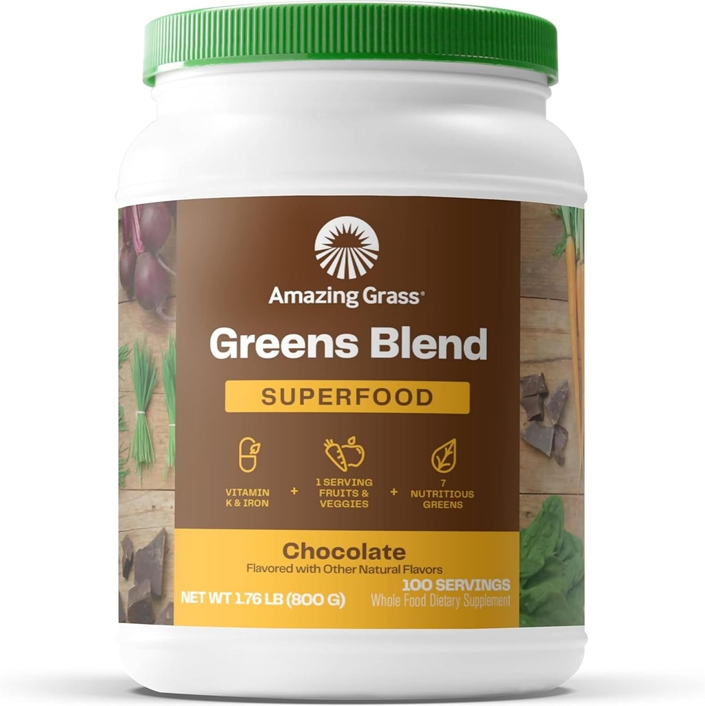 놀라운 잔디 그린 슈퍼 푸드 분말 : Digestive Enzymes & Probiotics, Organic Spirulina, Chlorella 및 Beet Root Powder, Chocolate, 100 서빙과 녹색 분말