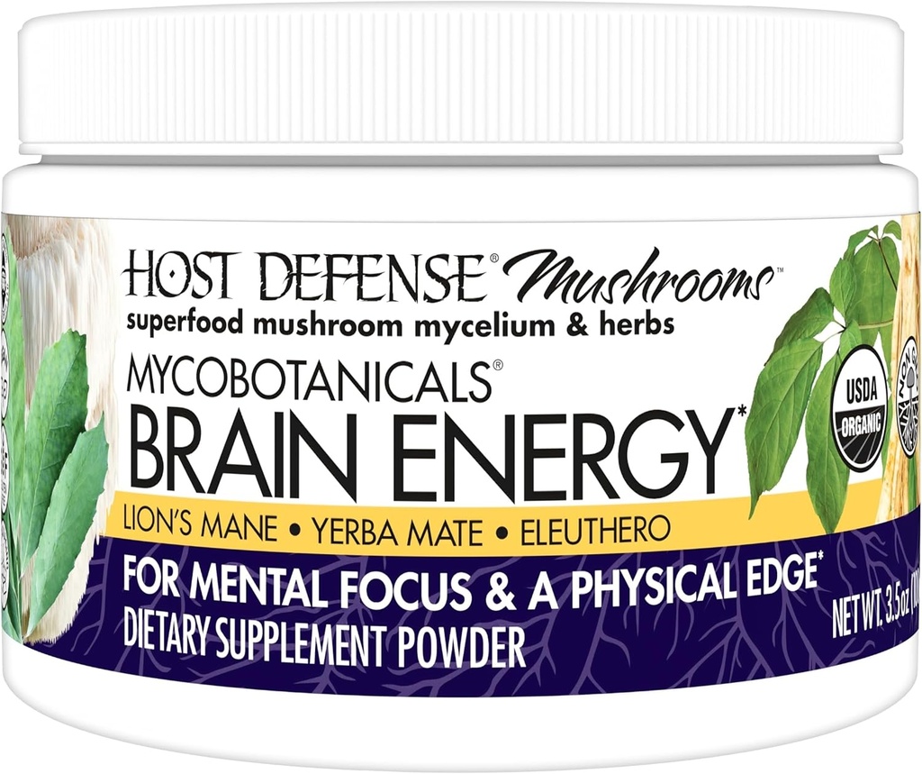 Host Defense MycoBotanicals Brain Energy* Powder - Lion 's Mane Mushroom과 Brain & Focus Support Supplement - 에너지 지원을위한 Yerba Mate와 다이어트 보충 - 3.5 oz (33 서빙) *