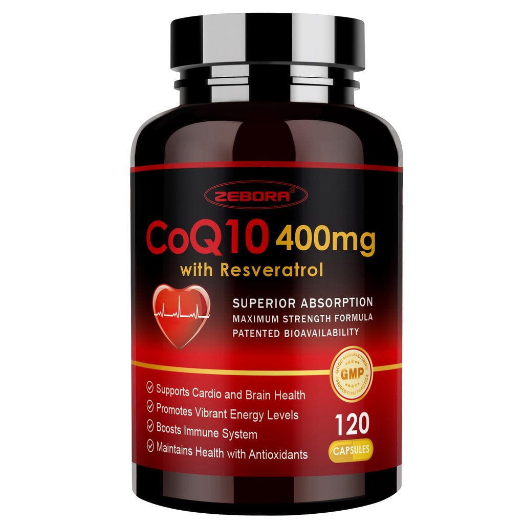 Trans-Resveratrol, PQQ & 비타민 E를 가진 ZEBORA CoQ10-400mg - BioPerine를 가진 높은 흡수 Coenzyme-Q10 - 심장 & 에너지 생산, 120 Veggie 캡슐을 위한 강력한 산화 방지제