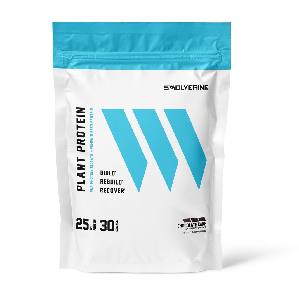 Swolverine 식물 단백질 | 100 % Vegan, 식물 기반 단백질 분말, 완두 단백질, 호박 씨앗 단백질, 22G 단백질, 30 서빙 초콜릿 케이크 맛 (Chocolate Cake)