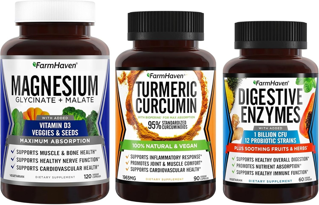 FarmHaven Magnesium Glycinate & Malate Complex w/Vitamin D3 & BioPerine Black Pepper를 가진 Turmeric Curcumin & 18의 Probiotics & 허브를 가진 소화 효소