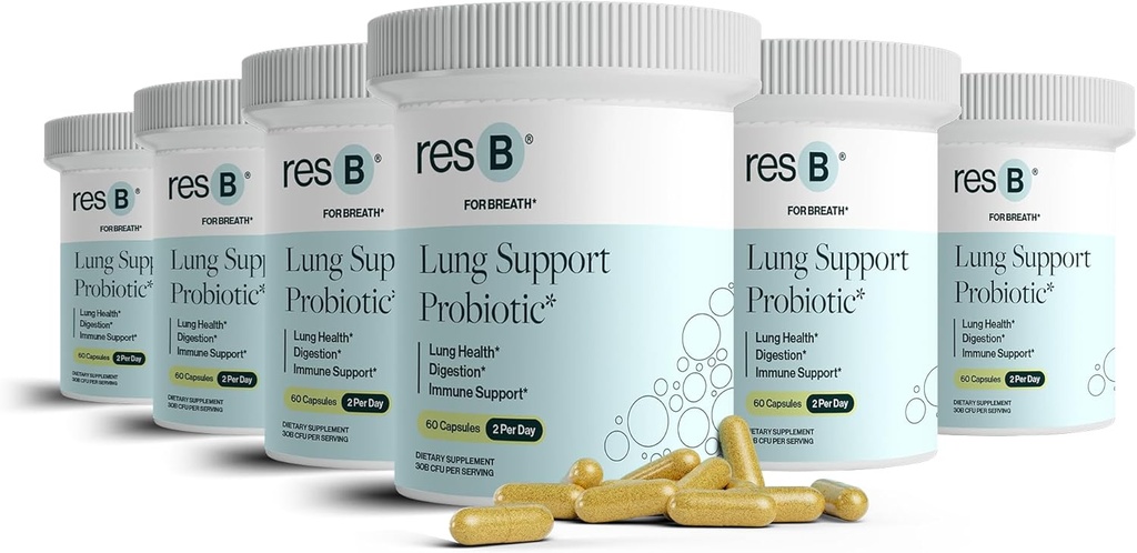 resbiotic resB Lung 지원 Probiotic 보충교재 - 흡연자, Gut 건강, 면역 지원, 호흡 관리, 성 바실, 심황, 임상 시험 - 360 캡슐 (6 병)를 위한 폐 건강 보충교재