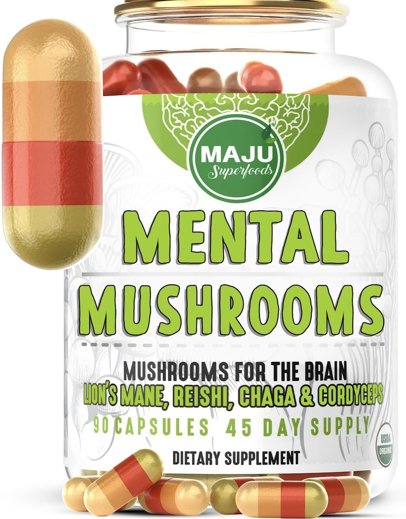 MENTAL 버섯 캡슐, 유기 추출물 보충교재 w/ 사자 Mane, Cordyceps, Reishi 및 Chaga, 당신의 초점, 에너지, 웰니스 및 면역 체계 - Nootropic 버섯, 면역성이 있는 지원 90ct