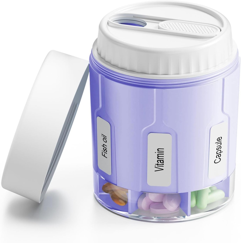 Daviky Pill 병 주최자, 7 대형 Compartments, 여행 Pill 분배기 2 개의 뚜껑이있는 둥근 Pill 상자 (Purple)