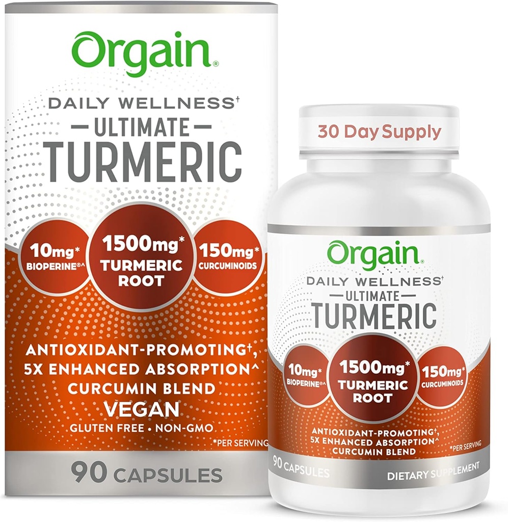 Orgain 궁극적인 심황 보충교재 1500mg, Curcumin 및 Bioperine 까만 고추 추출물 초본 혼합은, 산화 방지제와 심장 건강을 지원합니다 - 90의 캡슐, 1 달 공급