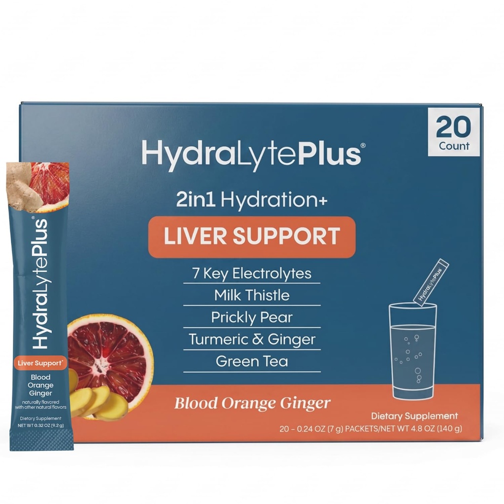 Hydralyte Liver 지원 + 우유 이틀, 심황, 생강, Prickly Pear, Rapid Rehydration (Blood Orange Ginger, 20 Packets)에 공식화 된 녹차 추출물